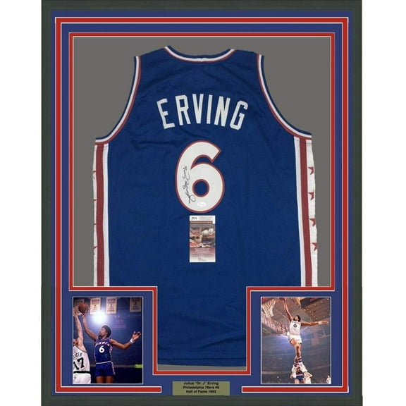 Framed Autographed/Signed Julius Erving Dr. J 35x39 Philadelphia Blue Blank Basketball Jersey JSA COA #2