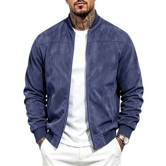 Ceisia Men's Suede Bomber Jacket Stand Collar Full Zip Long Sleeve Casual Solid Outerwear Coat Navy XXXL Gift