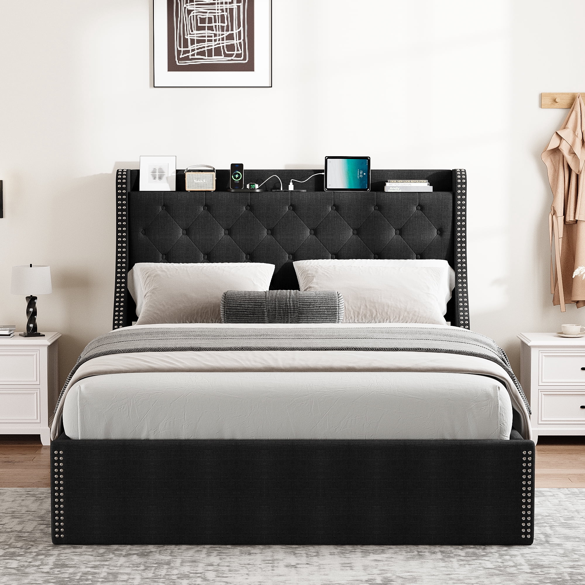 JoanKaren Full Bed Frame,Luxury Upholstered Platform Beds with Charging Station,4 Storage Drawers&Adjustable Headboard,Easy Assembly,Black