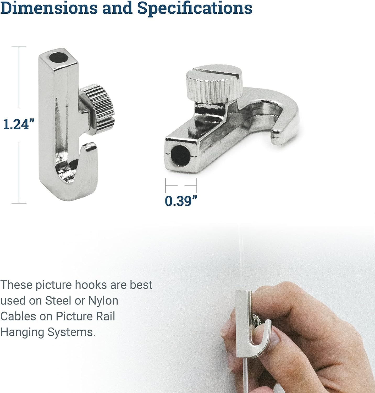 Picture Hang Solutions - Adjustable Hooks for Nylon and Steel Cables - Gallery Hanging System 10 pieces per pack