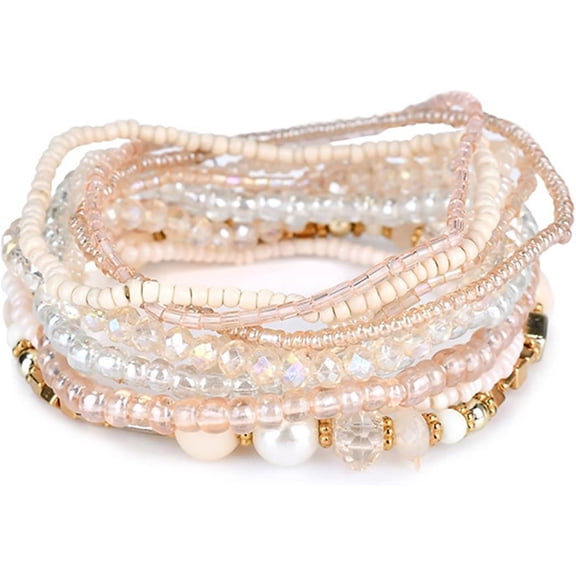 Handmade Multicolor Bohemian Crystal Beaded Bracelets Set Multilayer Stackable Boho Charms Stretch Layered Bead Adjustable Bangles Strand Jewelry for Women