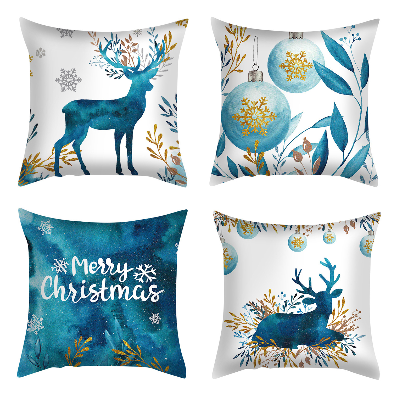 SOSPIRO Merry Christmas Elk Pillow Covers 18x18 Inch 4 Pack Xmas Blue Throw Pillow Cases Winter