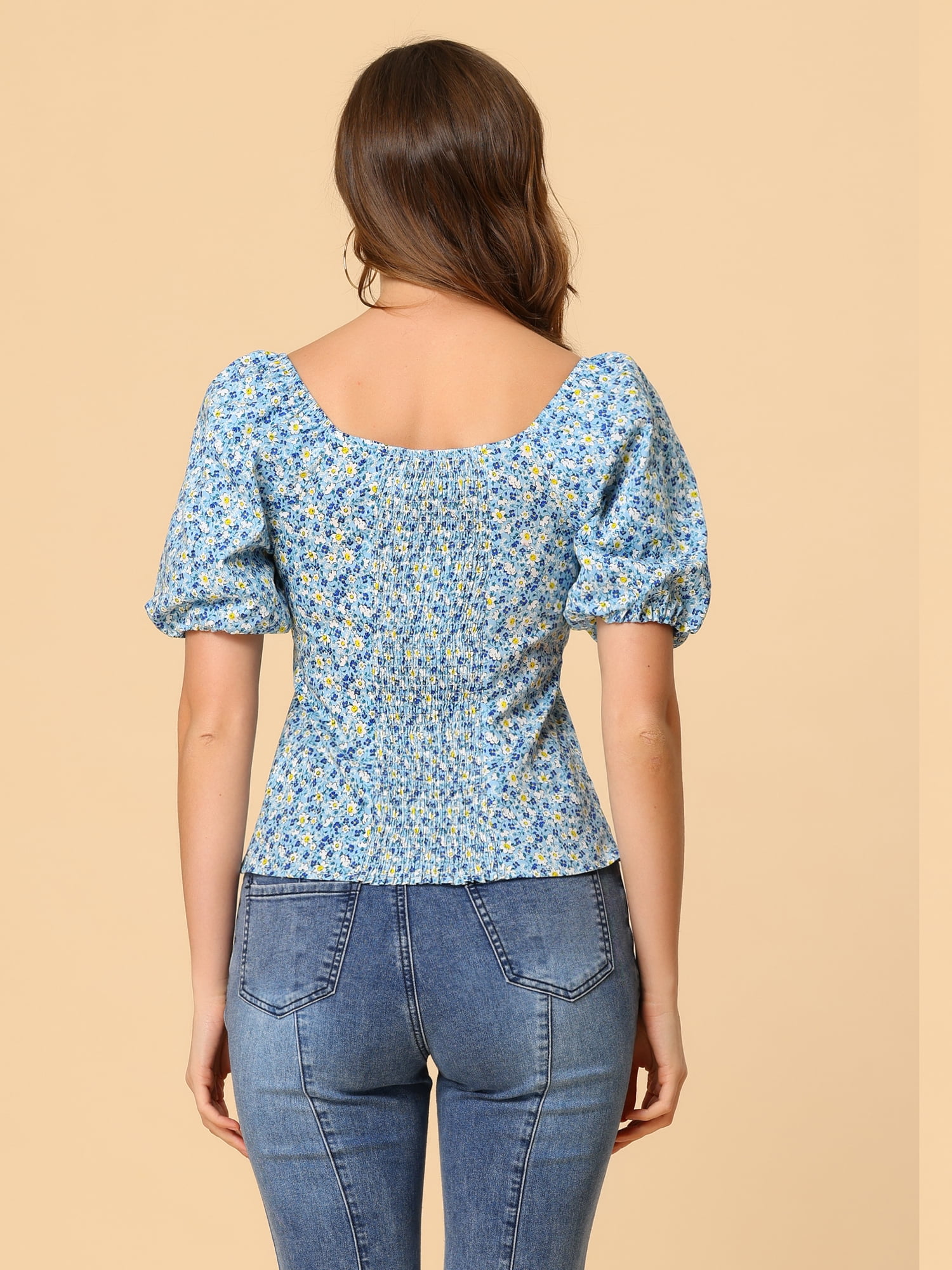 DARING DIVA Puff Sleeve Sweetheart Neck Smocked Floral Top L Blue
