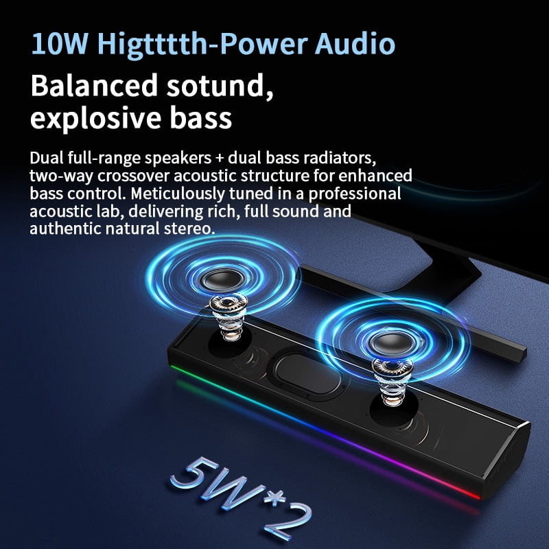 Computer Soundbar RGB Light Bar USB-C Dongle Desktop Bluetooth Speaker Wireless Subwoofer(Black)