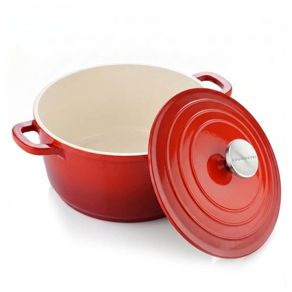 OVENTE 4.6 Qt Aluminum Dutch Oven with Lid, Red DOA546R | Non-Stick Coated Cookware for Sourdough Bread Baking, Braising, Cooking Soups & More, Dishwasher Safe, Works on All Stovetops