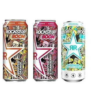 Rockstar Boom Energy Drink Variety Pack: Whipped Orange, Whipped Strawberry, Pina Colada - 16oz (Pack of 12)