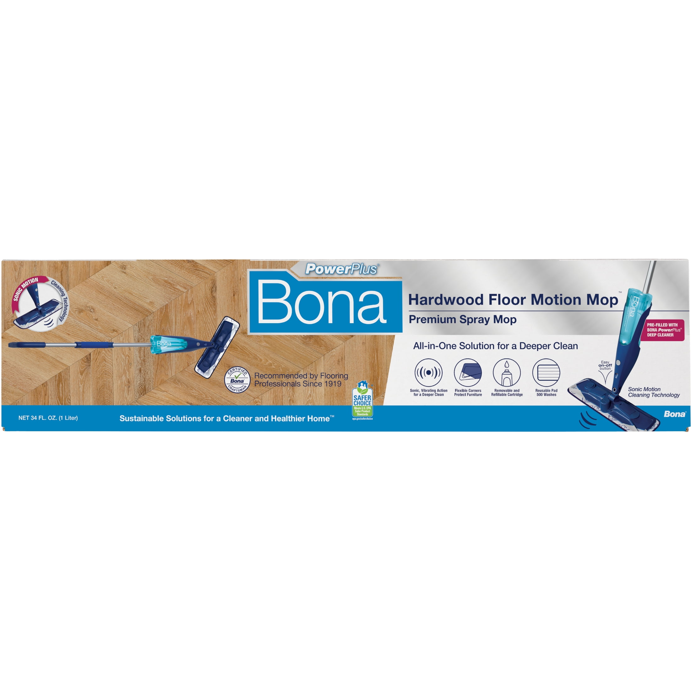 Bona PowerPlus Premium Motion Spray Mop, with Hardwood Deep Cleaner and Deep Clean Pad