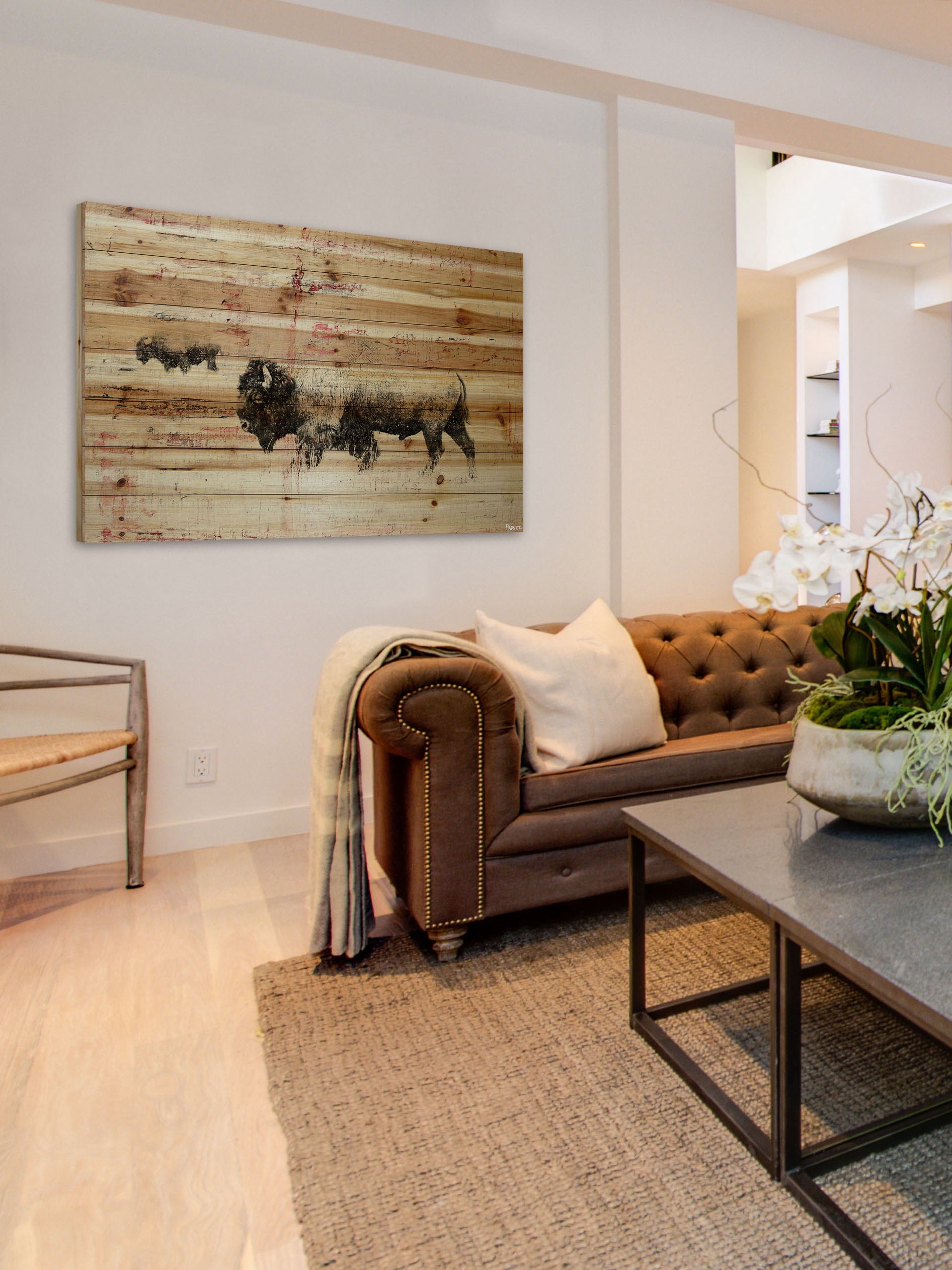 "Buffalo Walking" Painting Print on Natural Pine Wood