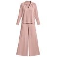thumbnail image 4 of Cagogo Women Plus Size 2 Piece Outfit V Neck Long Sleeve Top Wide Leg Pants Casual Sets Solid Loungewear Lounge Set Travel Airport Clothes, Pink S, 4 of 7