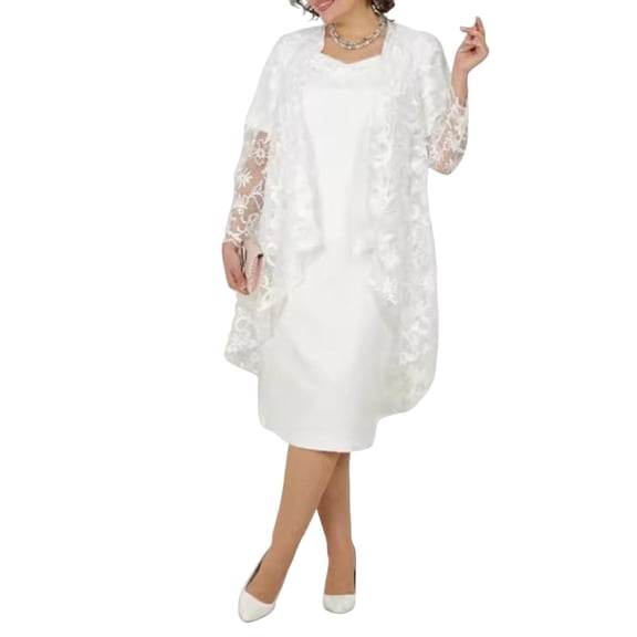 Quixlent 2 Pcs/Set Women Coat Dress Suit Long Sleeves Mid Length Lace Cardigan Short Sleeves Rhinestone V Neck Midi Dress Formal Business Style Banquet Outfit