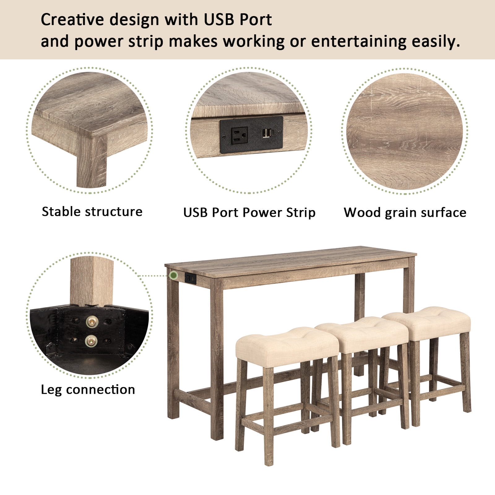 Aukfa 4 Piece Bar Table Set with Power Outlet, Breakfast Table with 3 Padded Stools, Dining Table and Chairs Set for Living Room, Dining Room, Brown