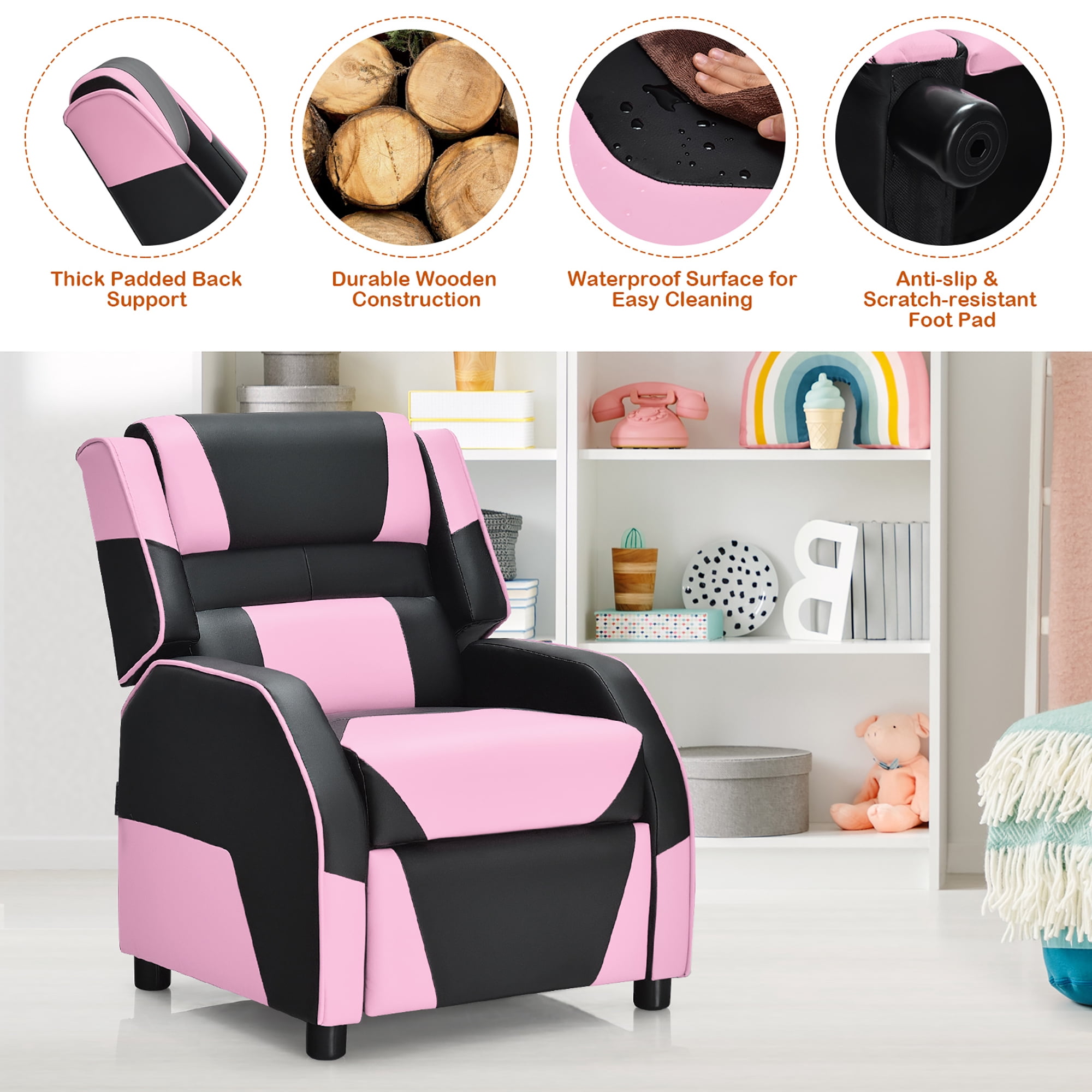 Costway Kids Youth Gaming Sofa Recliner w/ Headrest & Footrest PU Leather Pink