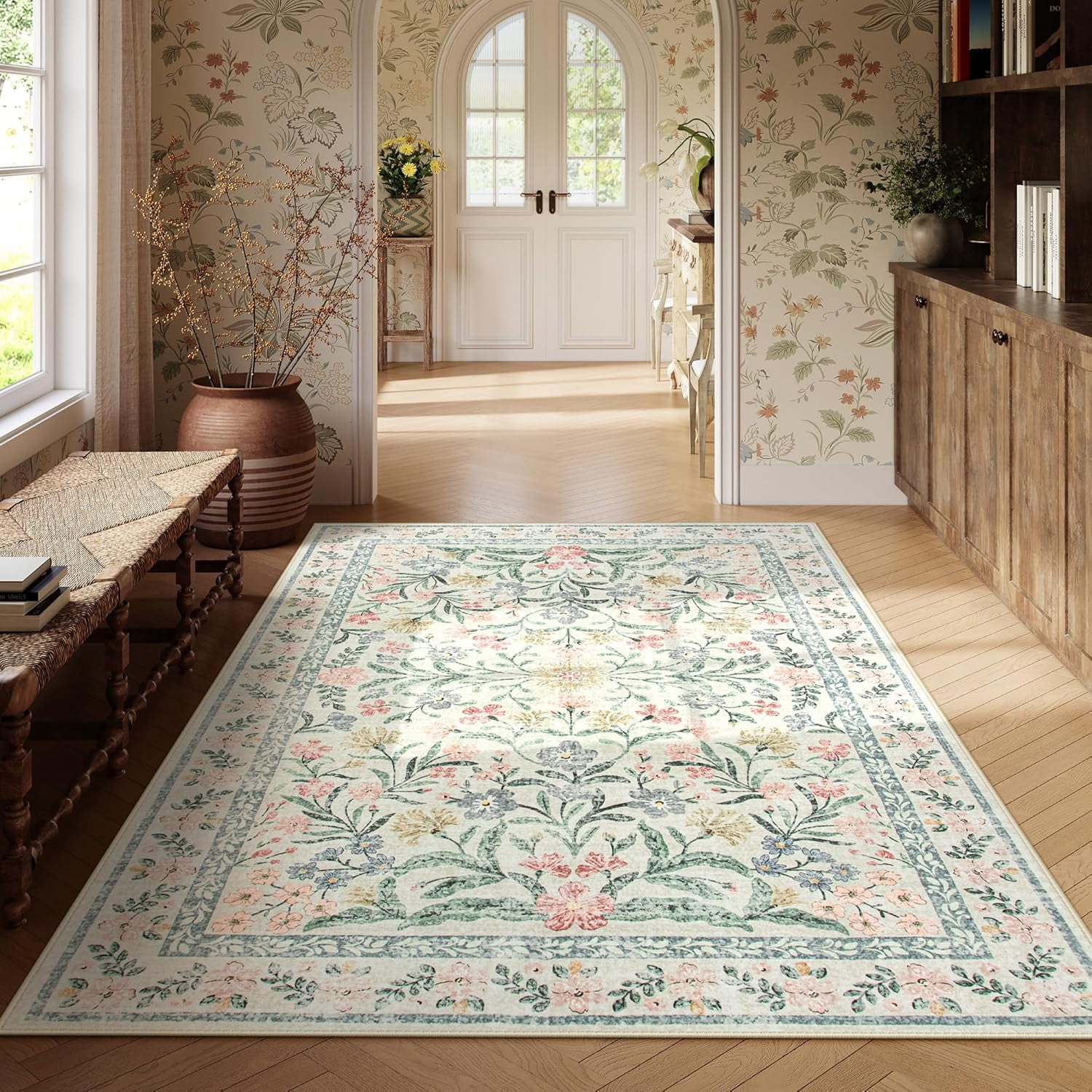 Moynesa 6'x9' Beige Washable Rugs for Bedroom, Boho Floral Living Room Rugs Non-Slip, Soft Low-Pile Carpet Rug for Dining Room Dorm,Beige
