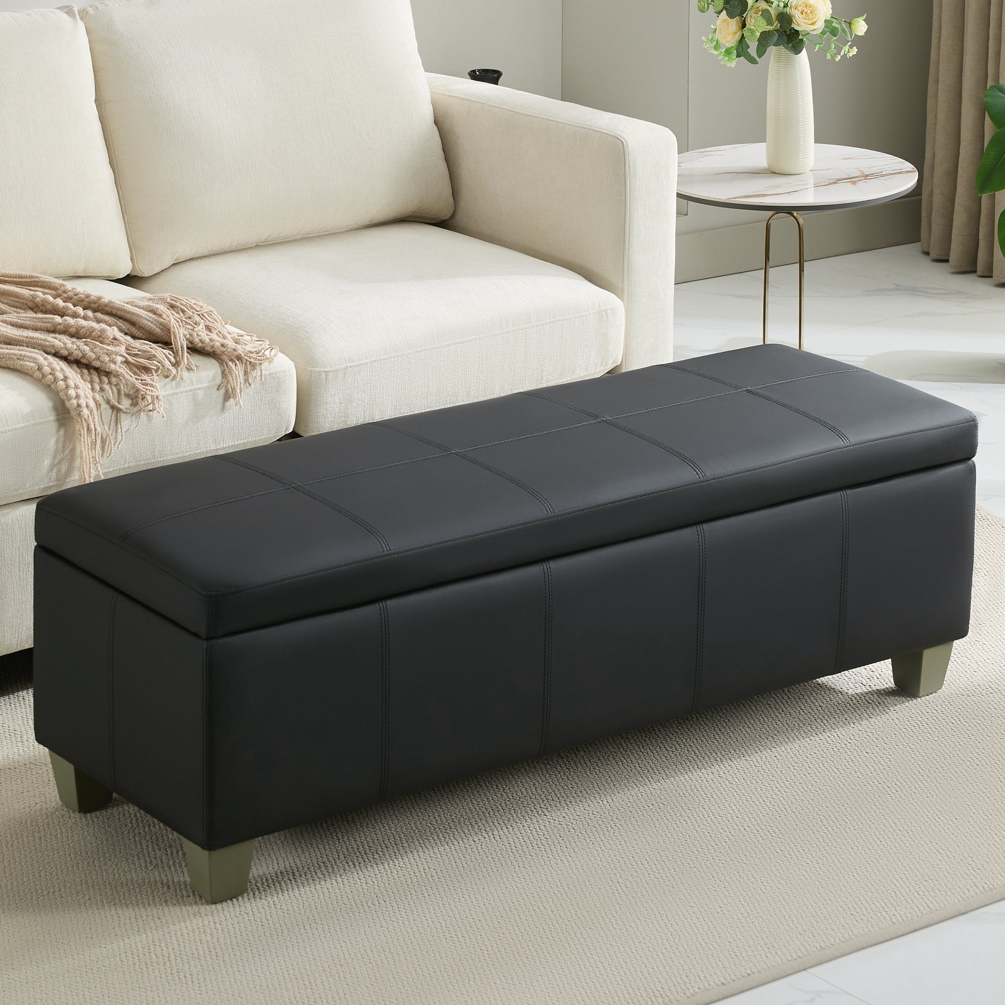 51" Faux Leather Storage Ottoman Bench with Wooden Legs, Tufted Upholstered Seat, Sturdy & Spacious for Bedroom, Entryway, Living Room, Dark Black