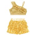 thumbnail image 4 of TiaoBug Kids Girls Gymnastic Dance Outfits Sequins Asymmetrical Shoulder Ruffle Crop Top with Skirted Shorts Set Gold 8, 4 of 5