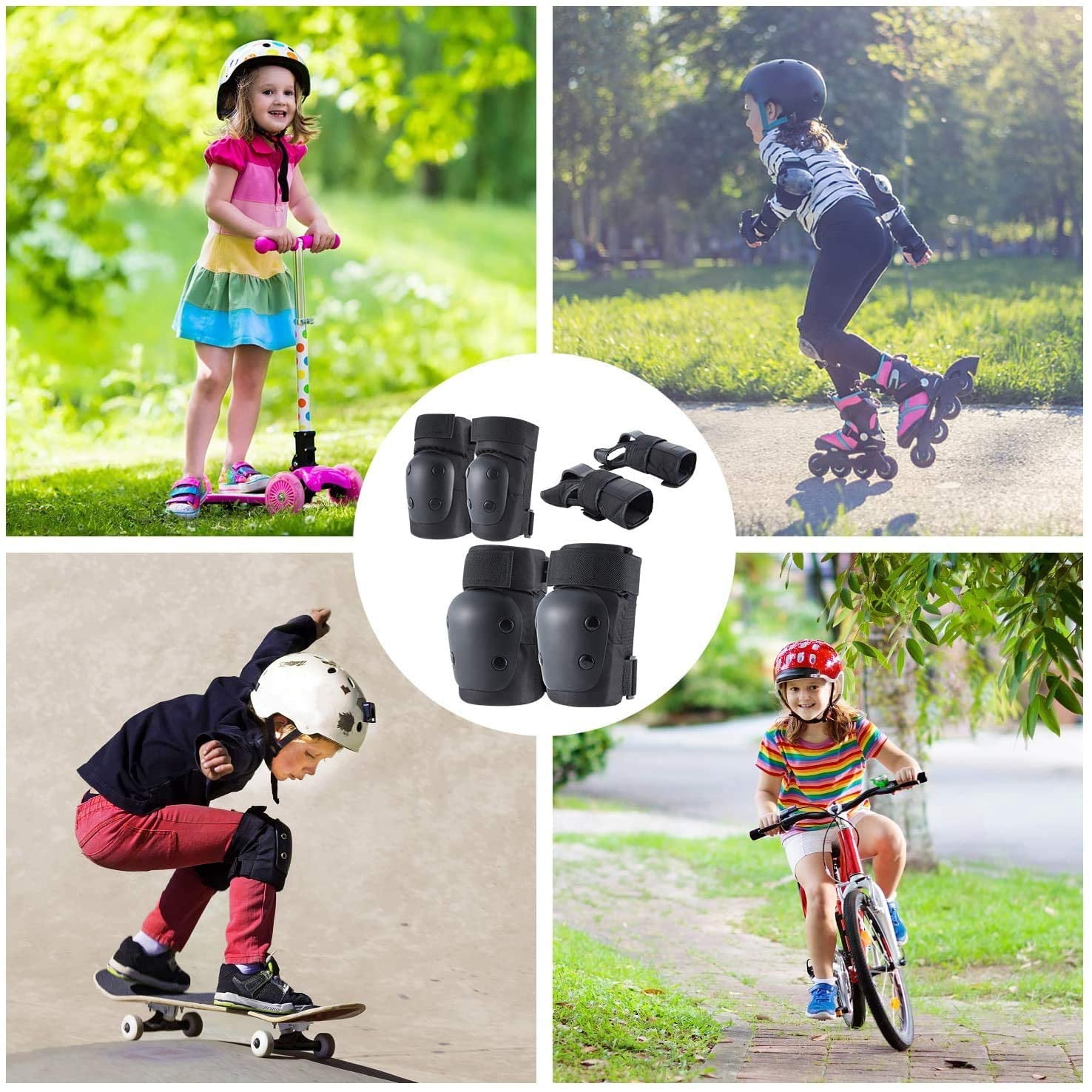 Adult Knee Pads Elbow Pads Wrist Guards for Adult Kids 6 in 1 Protective Gear Set for Skateboarding Biking Roller Skating Cycling Outdoor Sports Black L