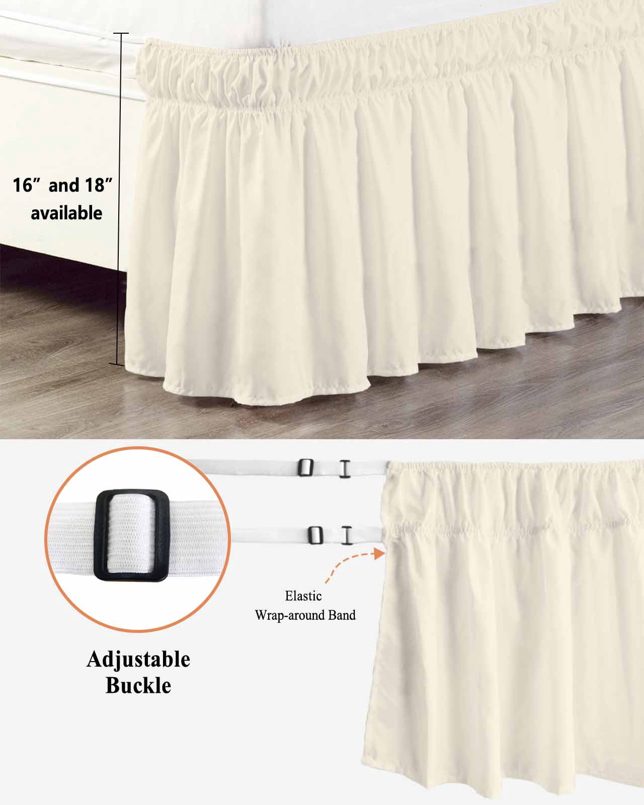 Cream Bed Skirt Cal King Size, Modern Pure Beige Wrap Around Bed Skirting with Adjustable Elastic Strap, Dust Ruffled Pleated Bedskirts 16 Inch Drop for Bedroom Cal King Beds