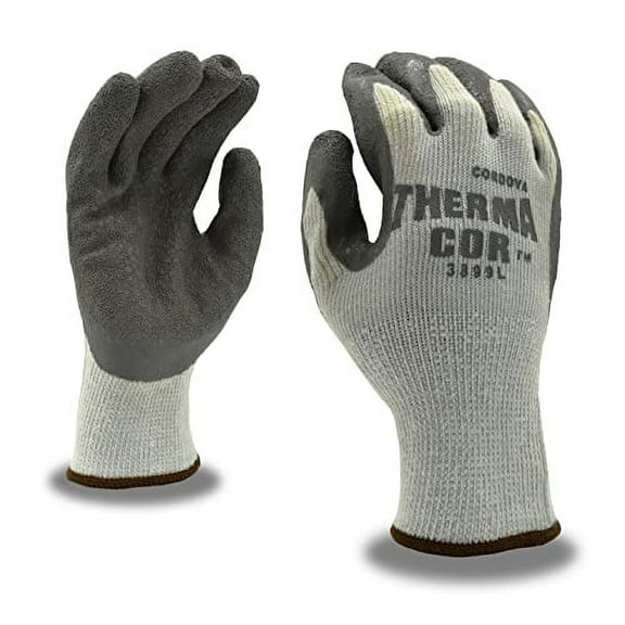12-Pack of Cordova 3899XL Therma-Cor Work Gloves, 10-Gauge, Gray, Brushed, Loop-In, Acrylic Terry Shell, Gray Latex Palm Coating, X-Large