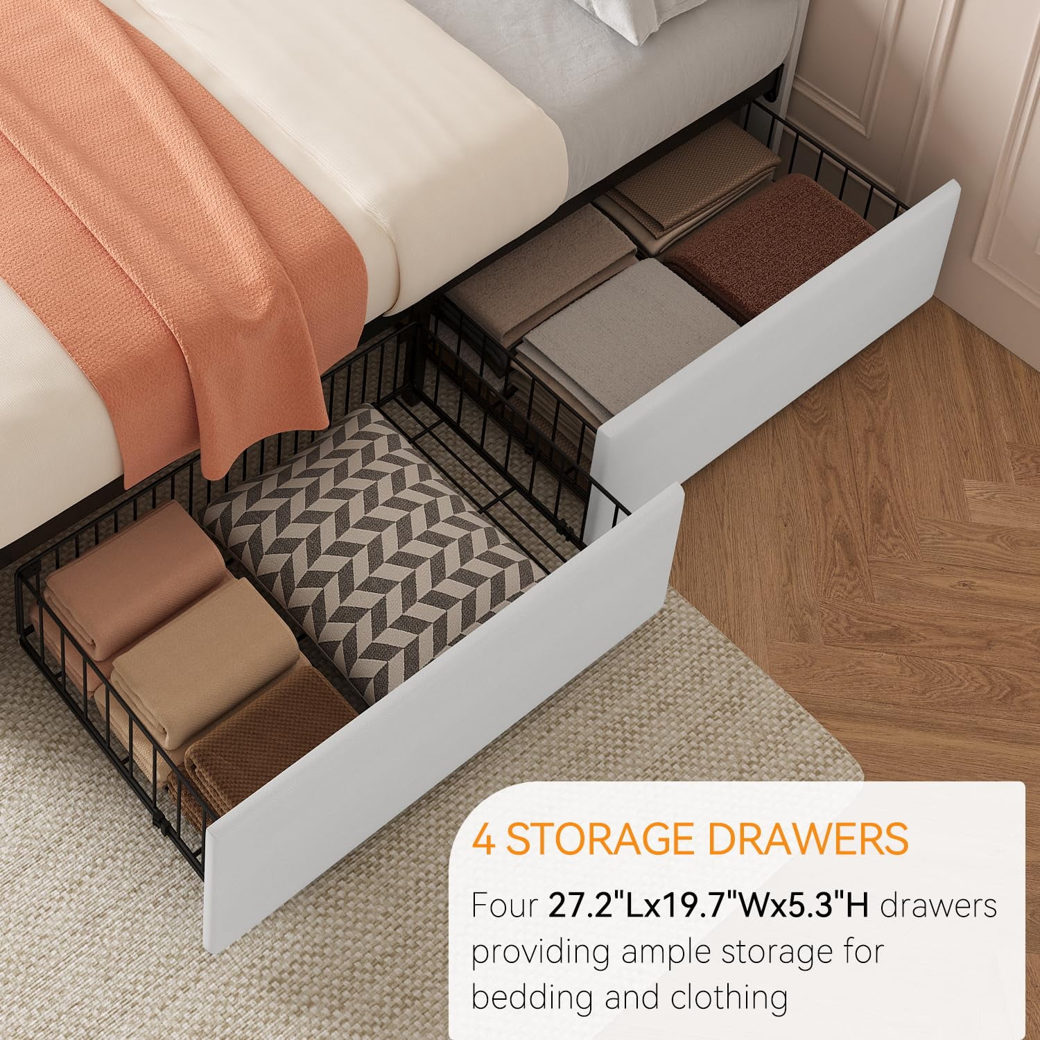 TROPOW King Size Bed Frame,with 4 Storage Drawers and Headboard, Linen Upholstered Platform Bed Frame with Wooden Slats Support, Button Tufted Design, No Box Spring Needed,White
