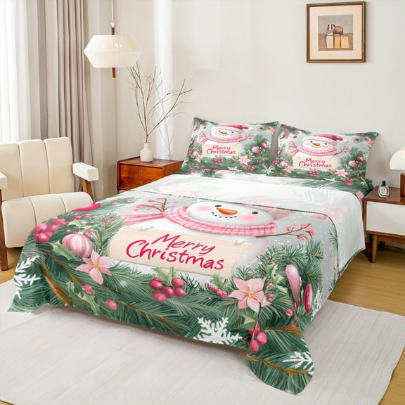 Feelyou Winter Cartoon Snowman Twin Sheet Sets, Merry Christmas Twin Fitted Sheet, Western Festival Holiday Flat Sheet, Luxury Bedroom Decor, 3pcs