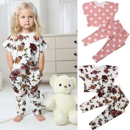 2PCS Toddler Kids Baby Girl Summer Clothes Bat Sleeve Floral/Dot Tops+Long Pants Outfits Set Home Clothing