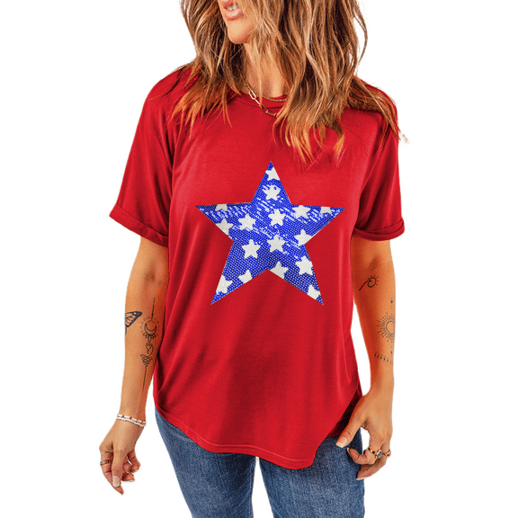 Red Sequin Star Graphic Crewneck T-Shirt for Women - [ZhiHiMeRi] | (US 18-20)2XL