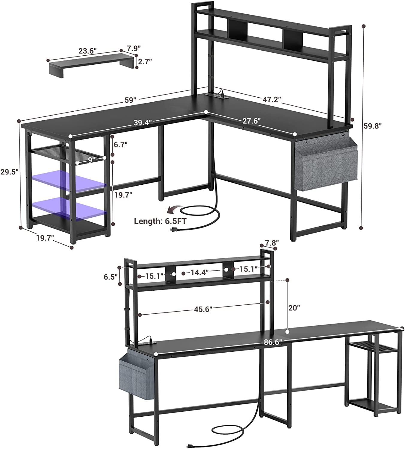 Homieasy L Shaped Desk with Power Outlet, LED Strip, Storage Shelf, Monitor Stand and Hutch, Black