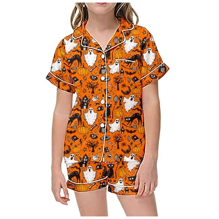 

Kids Robe Children s Leisure Halloween Printed Button Collar Short Sleeved Top Shorts Pajama Set 2-Piece Sizes 4-12(Color:White Size:10-11 Years)