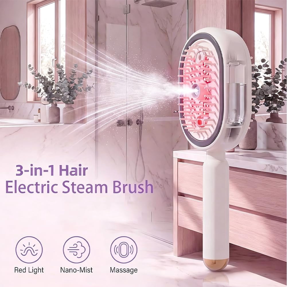 2026 New Electric Steam Brush for Hair, Hair Brush with Water Spray Easy to Clean, Red Light Air Cushion Mister for Both Long/Short Hairs Home Spa Cleaning Grooming Styling Detangling (Purple 1PC)