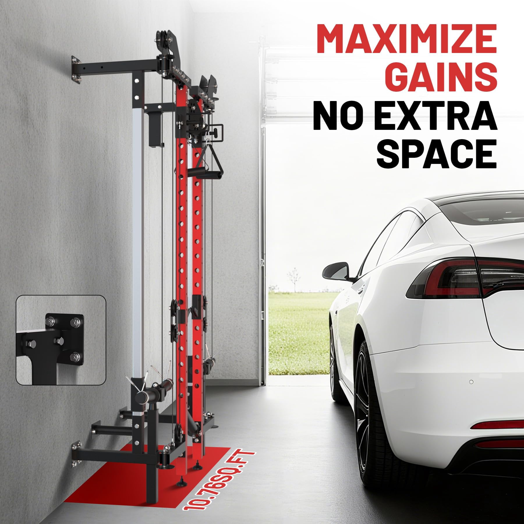 COZONY Folding Wall Mounted Squat Rack with Dual Pulley System & Pull Up Bar, Multi-Function Power Cage for Home Gym,Red