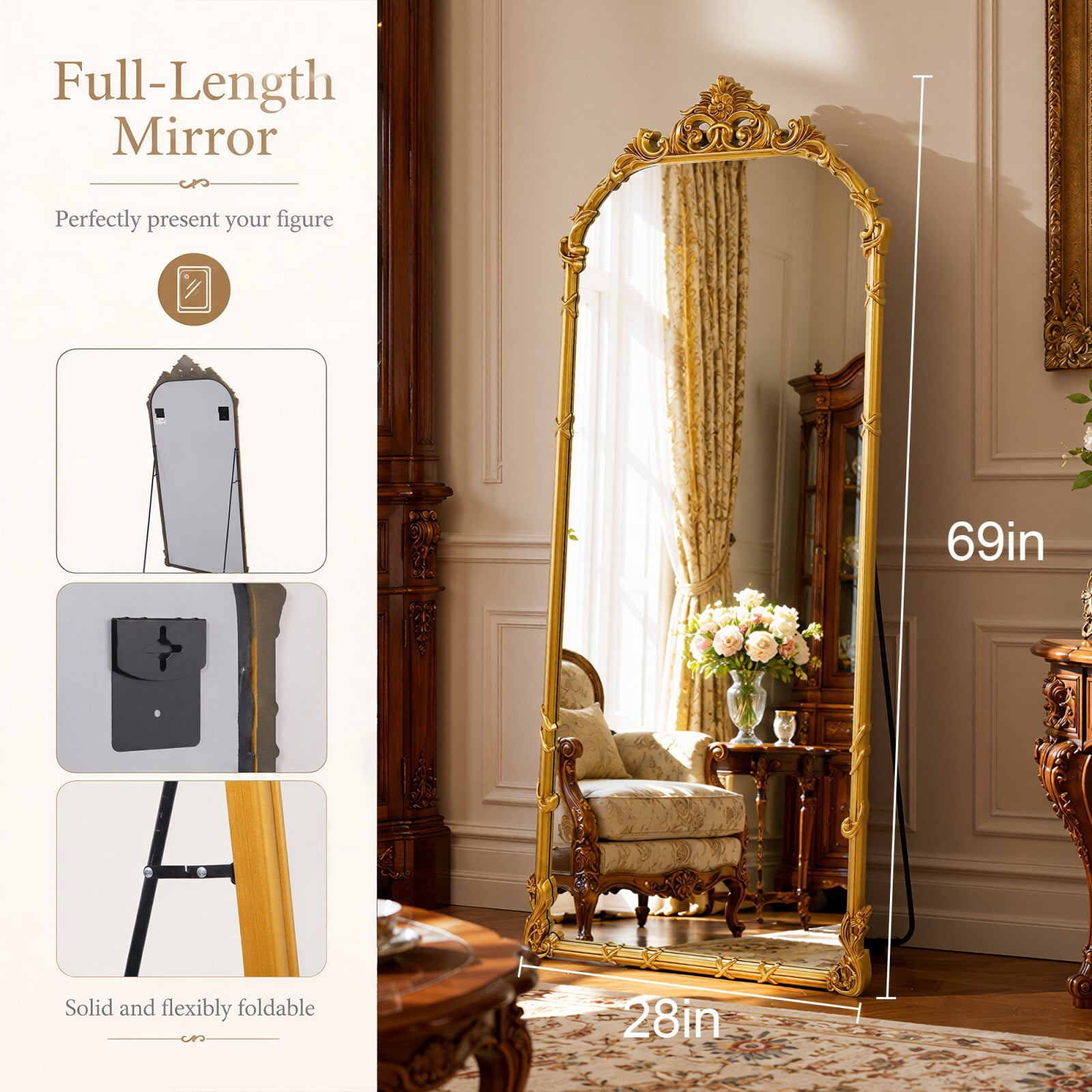 Easy4Home 69"x28" Arched Full-Length Floor Mirror Baroque Scroll Carved Standing Mirror, Bright Gold