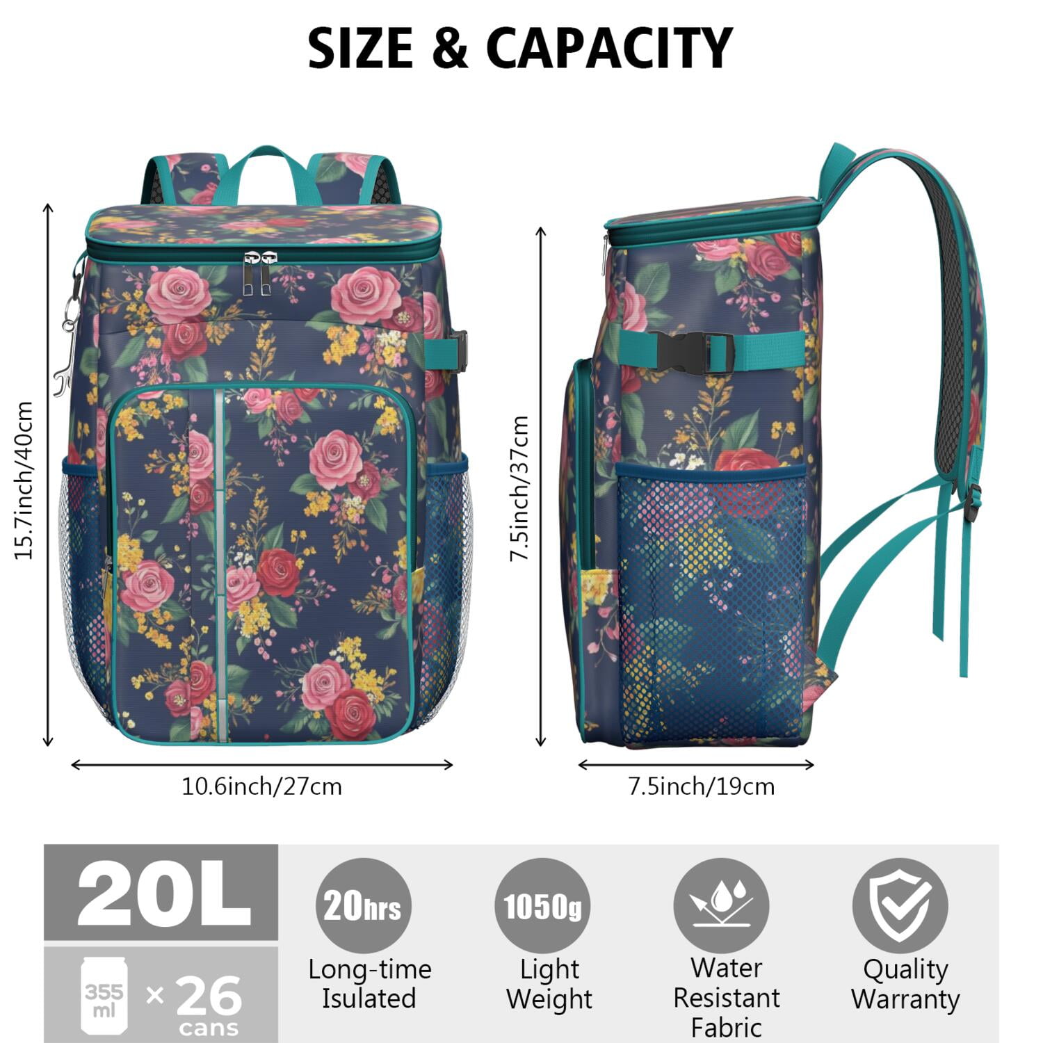 Travel Cooler Bag - Pioneer Flower Floral Print Pattern Camping Beer Cooler Backpack with Bottle Opener- Waterproof Insulated Picnic Backpacks - Cooler Bag for Beach