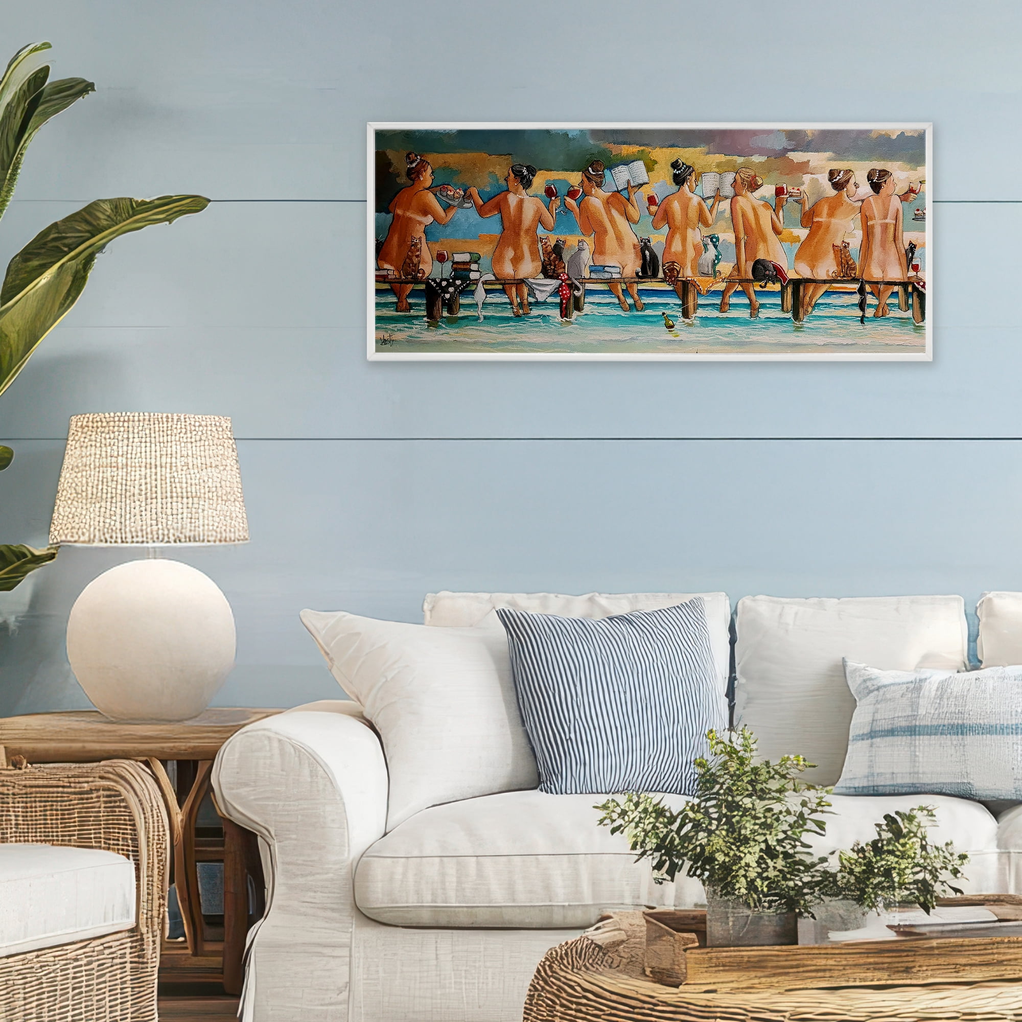 Wine, Books And Cats Jetty White Framed Giclee Art, design by Ronald West