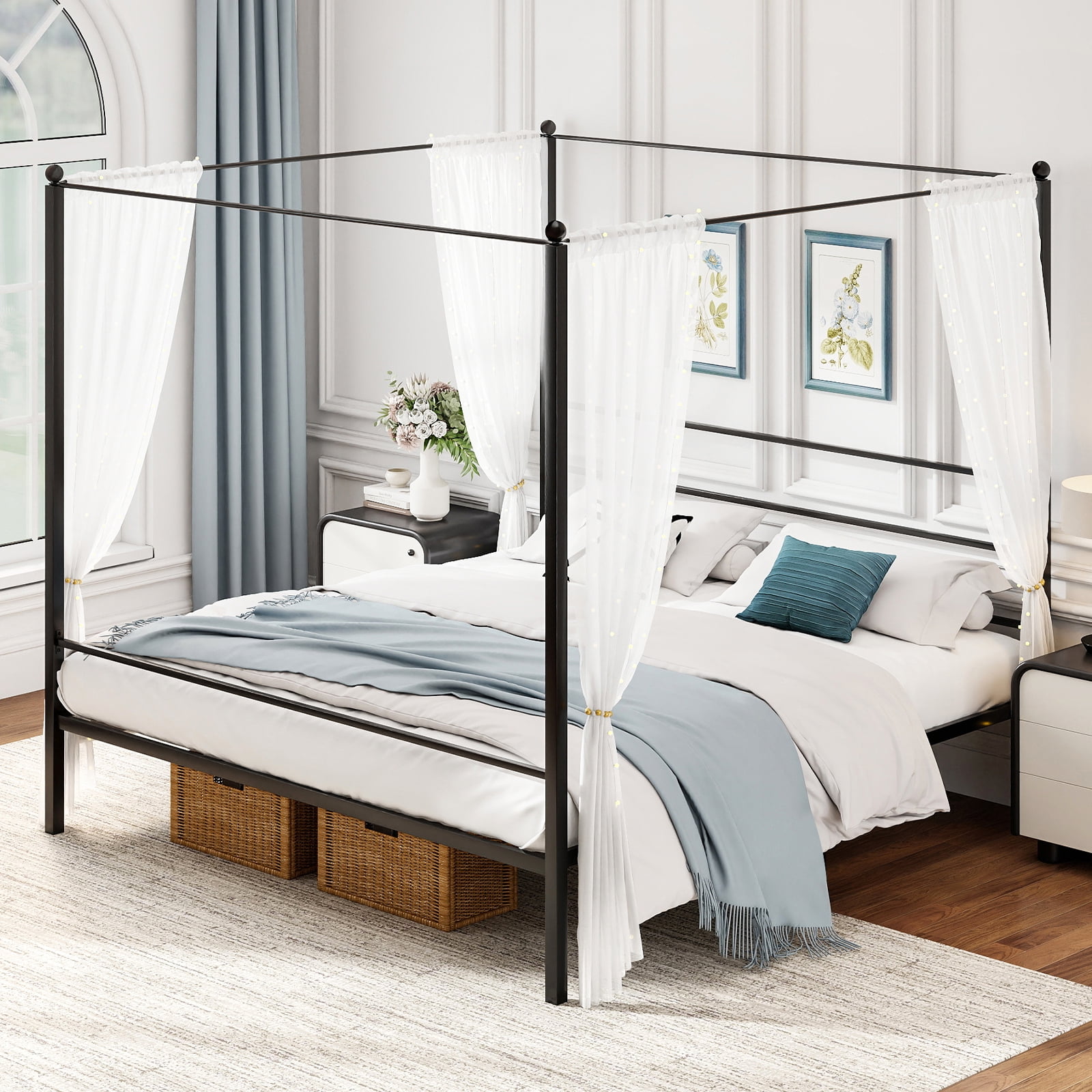 Gymax King Metal Canopy Platform Bed Frame Mattress Foundation w/ Slat Support