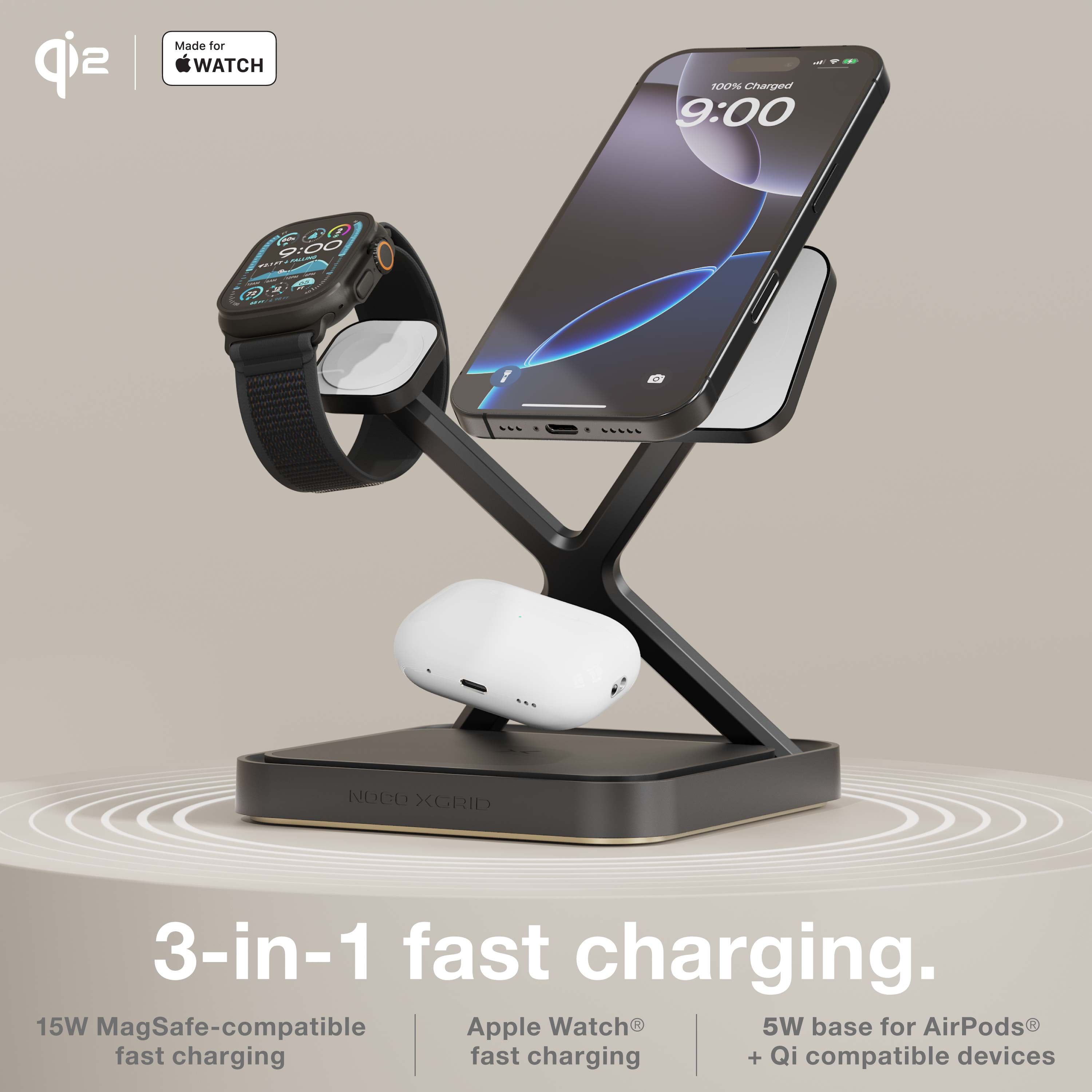 NOCO XGrid XDS3: 3-in-1 Wireless Charging Stand – Charging Station for iPhone, Apple Watch, and AirPods – MagSafe Compatible, Qi2 Certified – Includes 45W USB-C Wall Charger and 6.5-Foot USB-C Cable