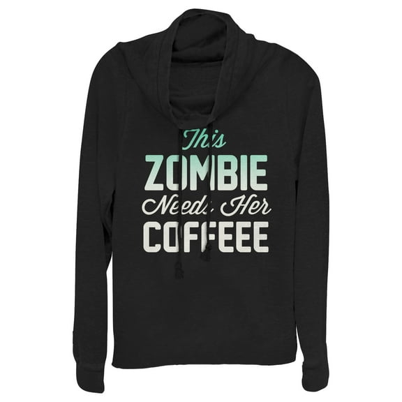 Junior's CHIN UP Halloween Zombie Needs Coffee Cowl Neck Sweatshirt Black X Large
