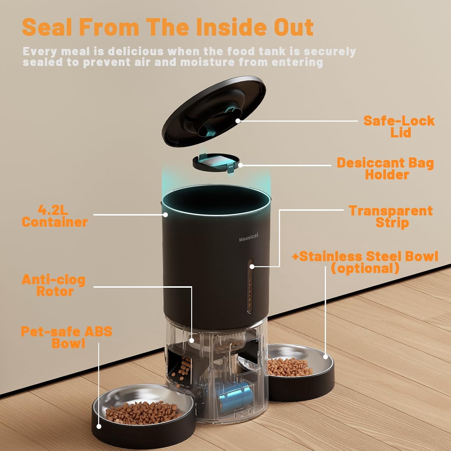 Automatic Cat Feeder 2 Cats,2.4G WiFi Timed Auto Cat Food Dispenser with Dual Bowls,4.2L Smart App Control,Equal Portion Feeding for Multiple Cats (Black, 4.2L WiFi Dual Bowl)
