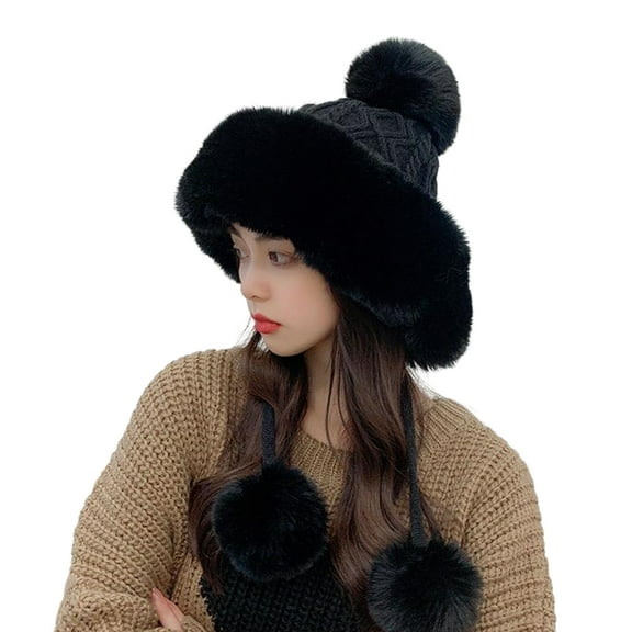 Faux Fur Knitted Beanie Hat for Cold Weather Cute Four Pompom Ball Cossack Skiing Furry Hat Winter Thicken Warm Hat -Black