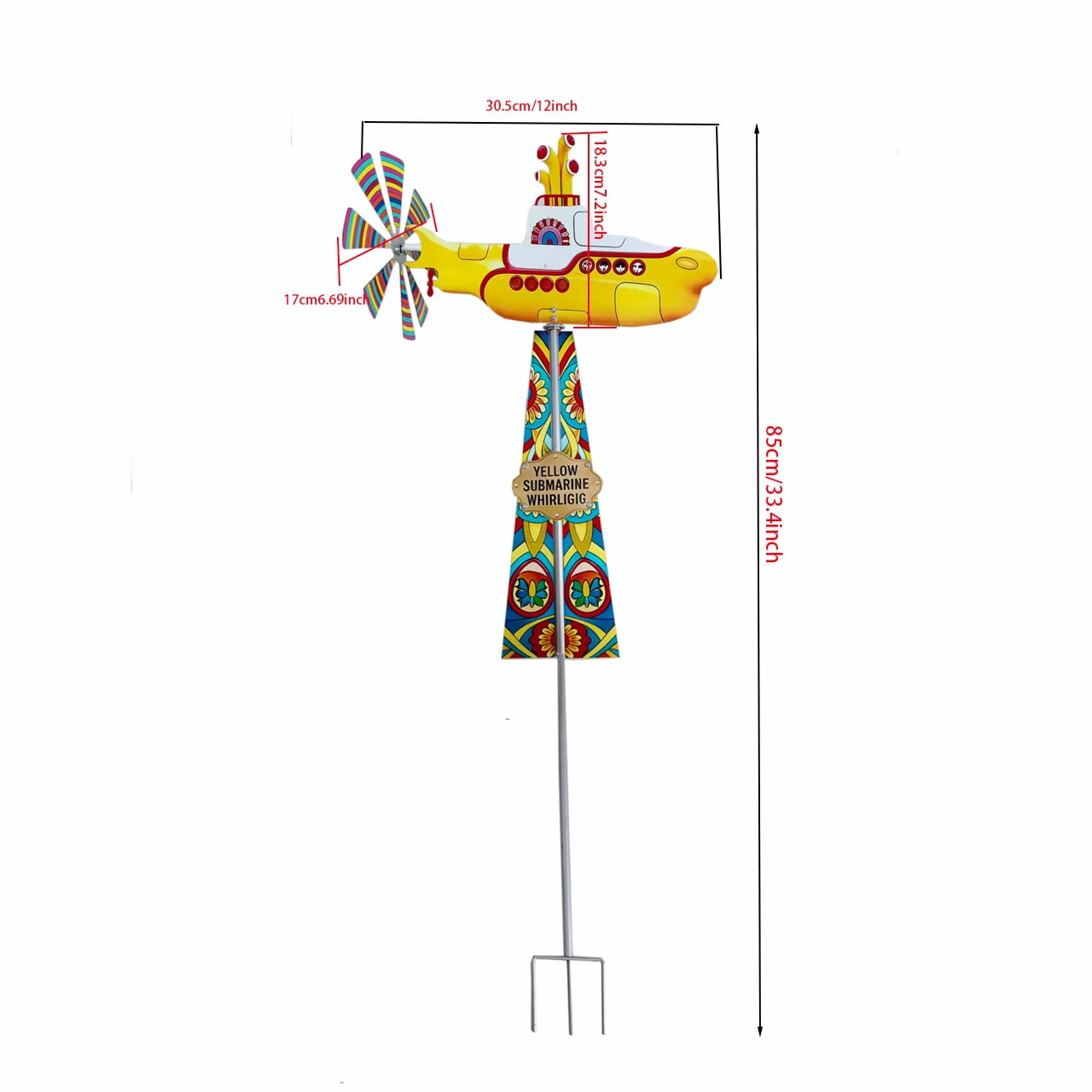 Metal Yellow Submarine Wind Spinner, 12.6 Inch Rotating Yard
