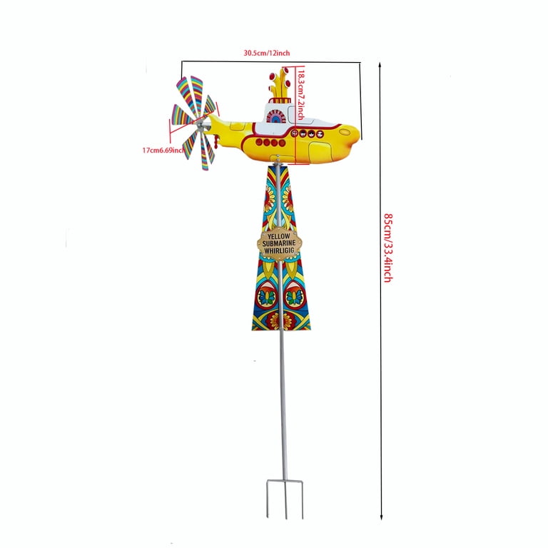 Metal Yellow Submarine Wind Spinner, 12.6 Inch Rotating Yard
