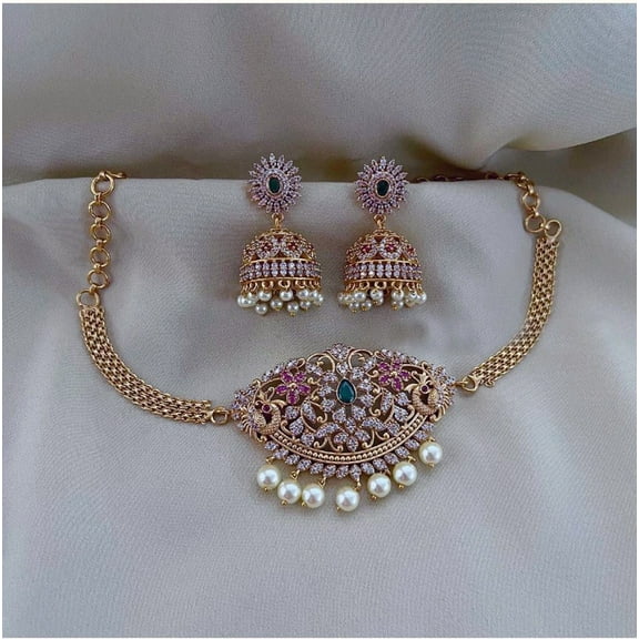 Gold Plated Choker Set - American Diamond Matte Finish Choker Necklace & Earrings, Green Stone Minimalist Bridal Jewelry, CZ Ethnic Short Necklace for Women