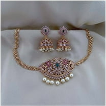 Gold Plated Choker Set - American Diamond Matte Finish Choker Necklace & Earrings, Green Stone Minimalist Bridal Jewelry, CZ Ethnic Short Necklace for Women