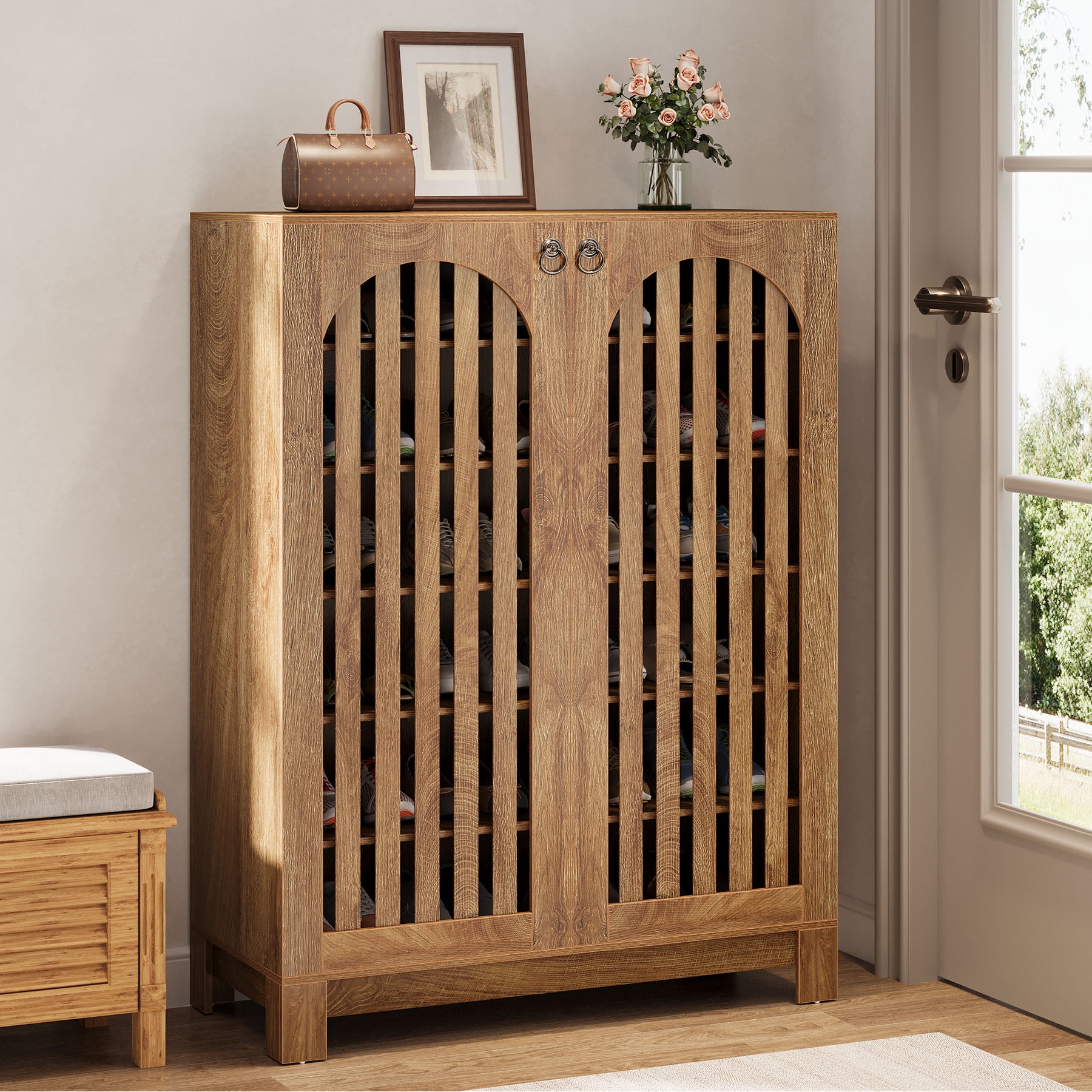 Ktaxon 12-Tier Shoe Storage Cabinet, 3-Door Rattan Shoe Rack