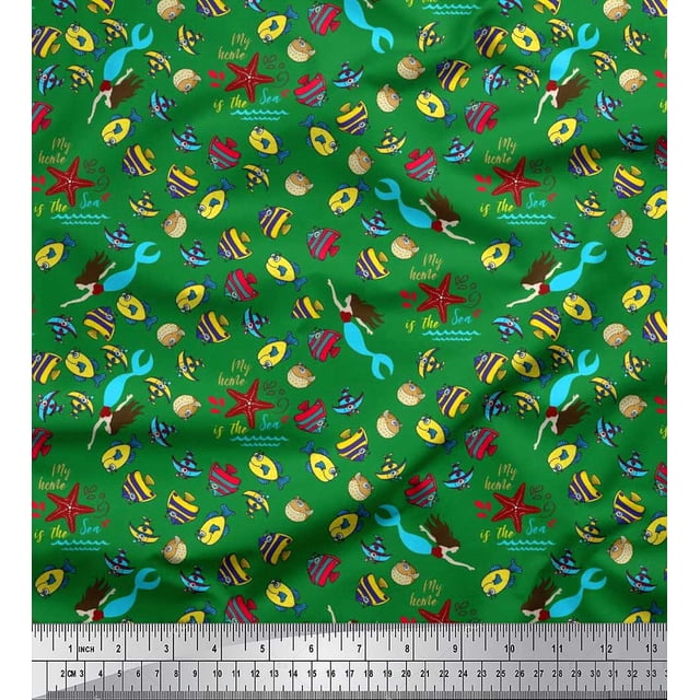 Soimoi Rayon Crepe Fabric Fish,Mermaid & Starfish Ocean Decor Fabric Printed Yard 46 Inch Wide