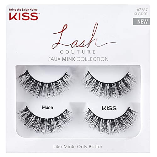 KISS Lash Couture Faux Mink False Eyelashes Double Pack, Knot-Free Lash Band, Reusable, Contact Lens Friendly, Easy To Apply, Ultrafine, Tapered, Synthetic Fake Lashes, Style Muse, 2 Pairs