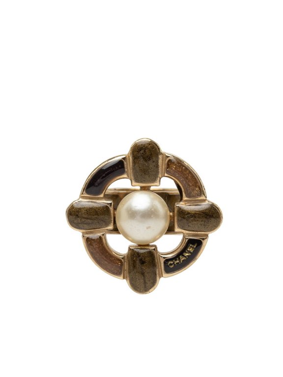 Pre-Owned Chanel Coco Mark Ring, 07A, Gold Brown Plated, Faux Pearl, Women's, CHANEL