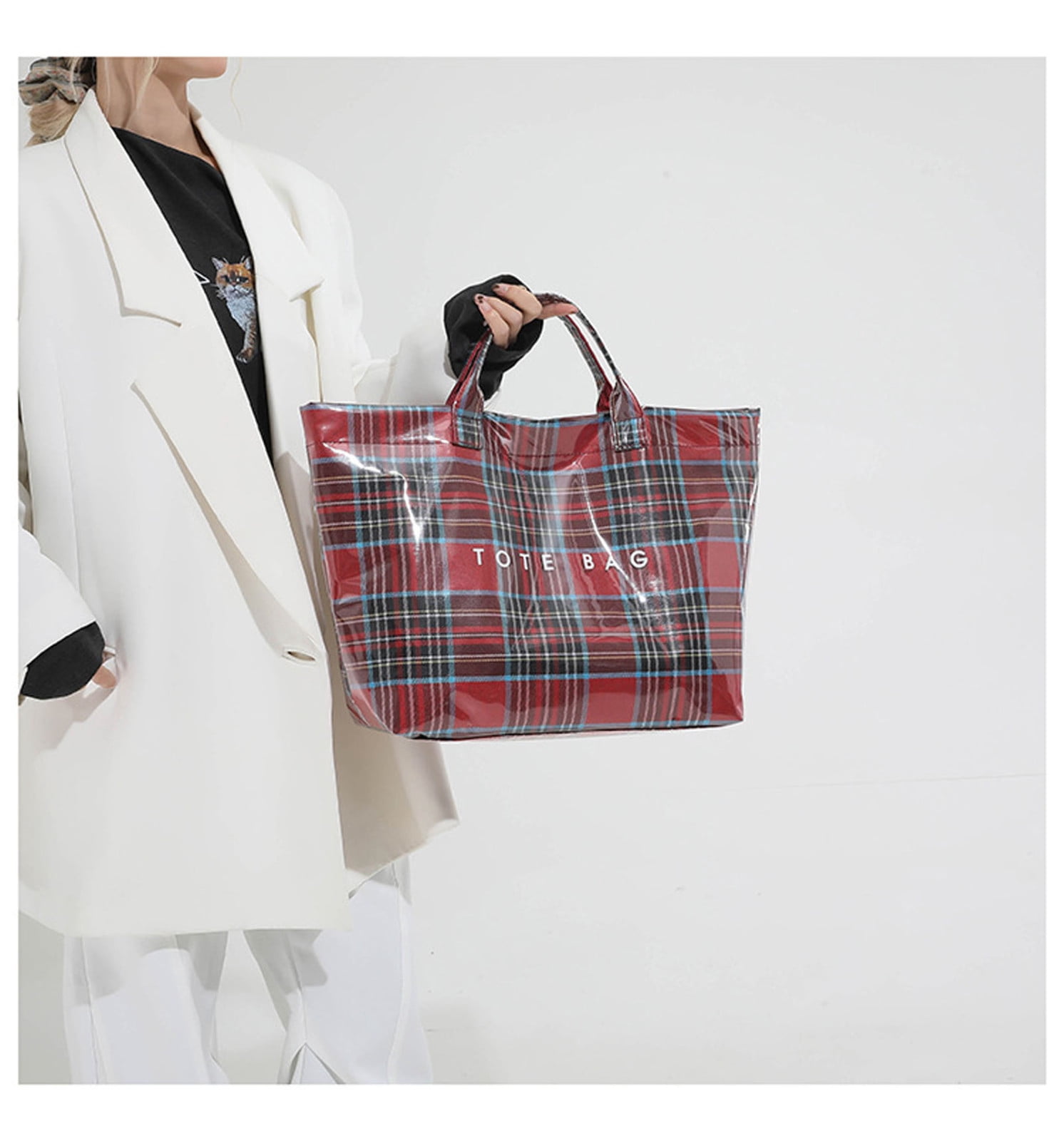 Comefolife Christmas Red Plaid PVC Tote Bag for Women Vintage Christmas Buffalo Check Tote Bag Plastic Handbag