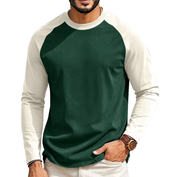 Domuza Mens Long Sleeve T-Shirt Crew Neck Moisture Wicking Basic Tee Color Block Raglan Tshirts for Daily Wear Dark Green 2XL