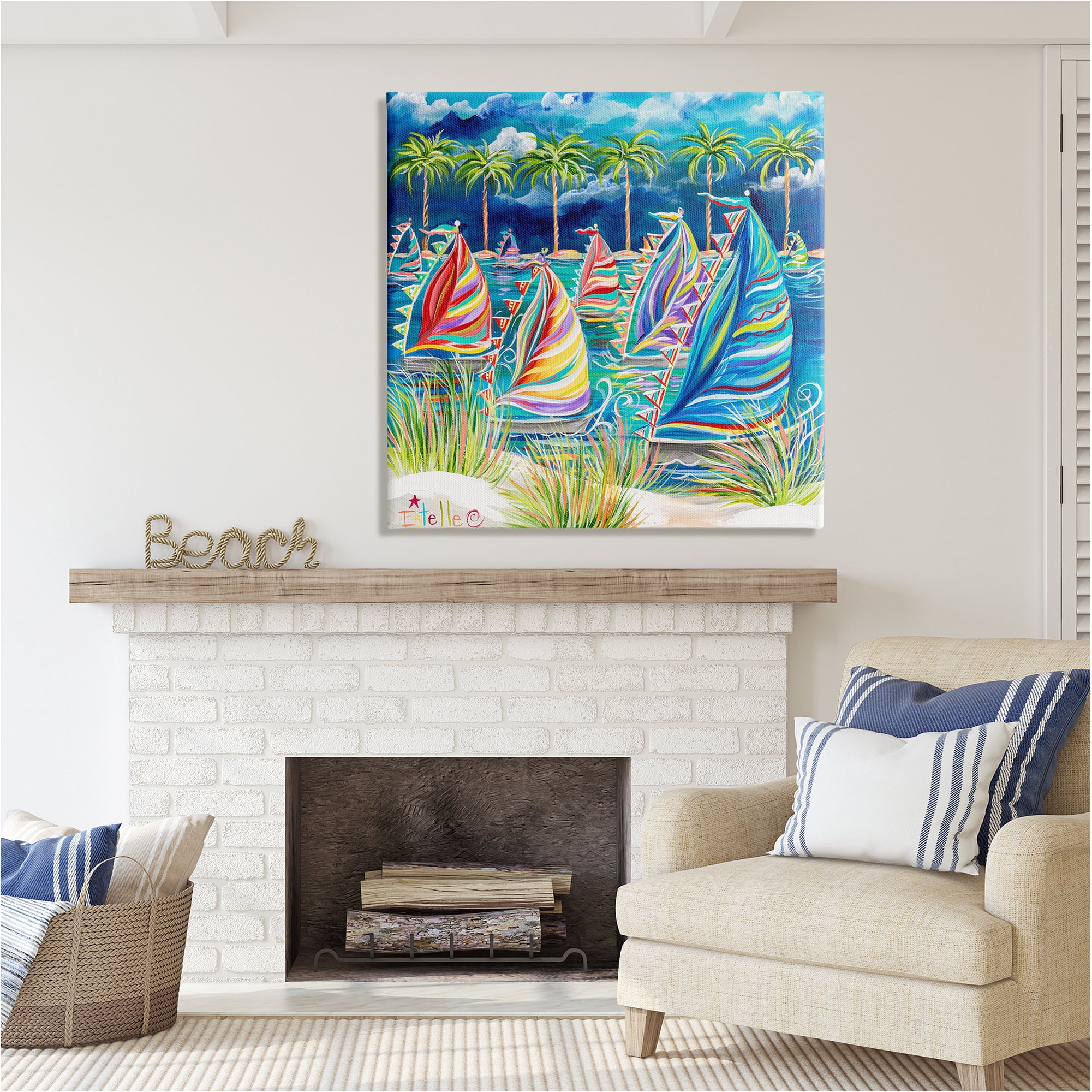 Stupell Industries Tropical Patterned Boats Transportation Painting Gallery Wrapped Canvas Art Print Wall Art, 36 x 36