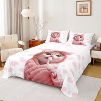 Manfei Pet Animal Kitten Queen Sheet Sets,Kawaii Bowtie Bow Flat Sheet,Pink Loves Pattern Queen Fitted Sheet For Girls Teens,Ultra Soft Home Decor,4pcs